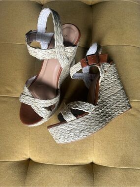 BAMBOO Natural and Brown Braided Espadrille Wedge Sandals
